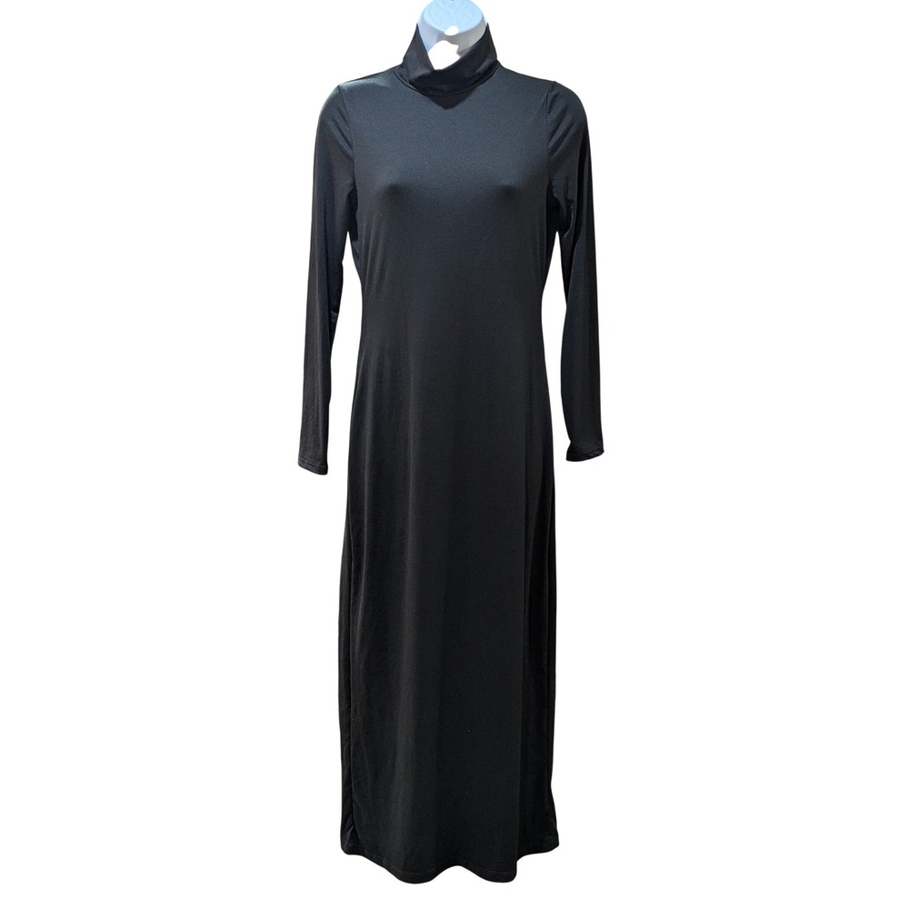 Diosa Womens Lrg Black Minimalist Ankle-length Mock Neck Long Sleeve Maxi Dress